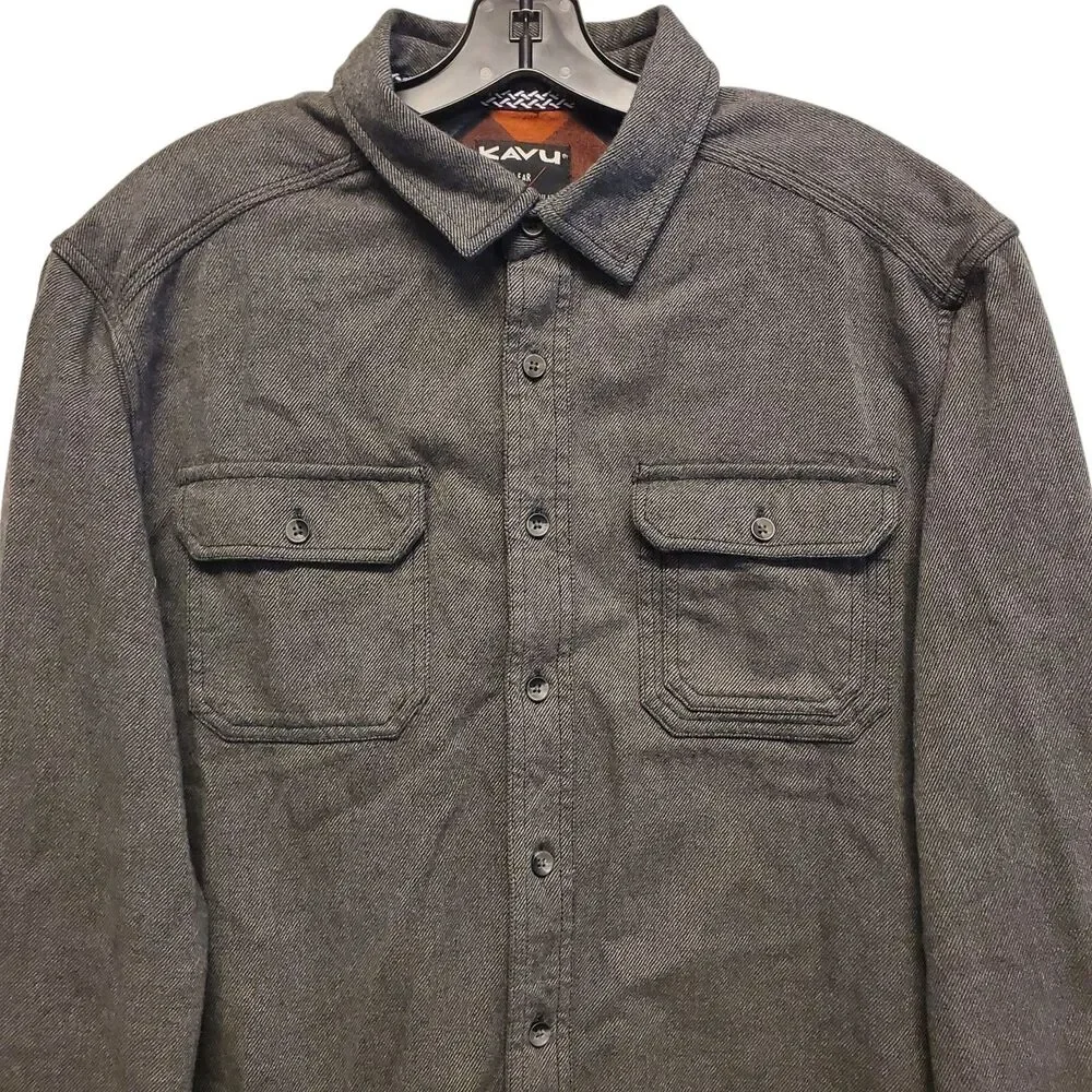 KAVU Shirt Mens Large Gray Knit Fleece Flap Chest Pockets Button Up Long Sleeve